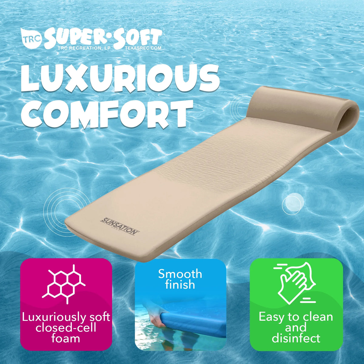 TRC Recreation Sunsation Foam Pool Float Lounger With Headrest, 1.75 in Thick, 2 Pack, Bronze