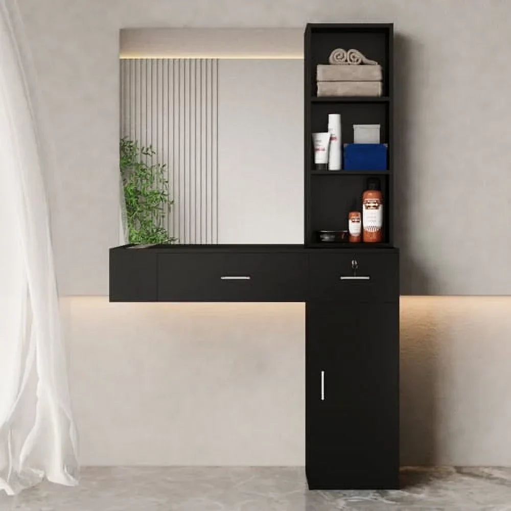 OmySalon Wall Mount Salon Station With Mirror, 1 Storage Cabinet, 2 Drawers And 3-Tier Shelf - Black
