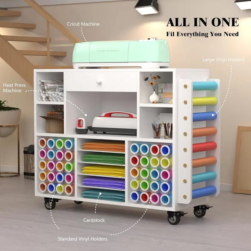 Rolling Craft Storage Cart For Cricut Machines With 48-Spool Vinyl Holder, 41.93 x 14.2 x 31.1 Inches