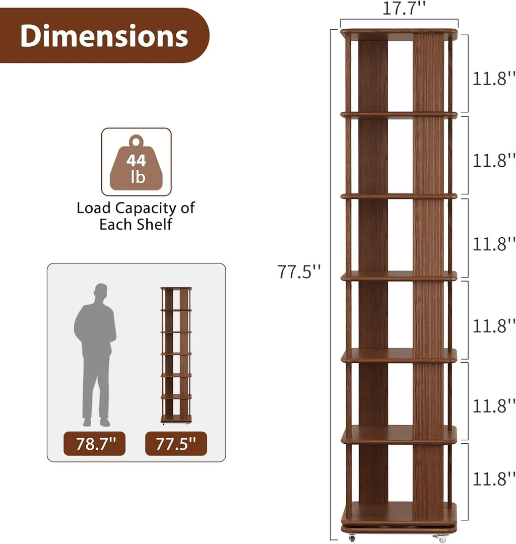 Solid Wood 6-Tier 360 Degree Rotating Rolling Bookshelf - Walnut