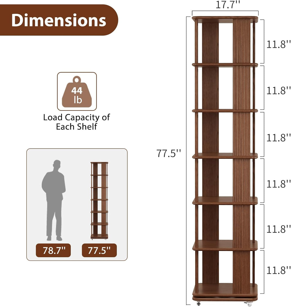 Solid Wood 6-Tier 360 Degree Rotating Rolling Bookshelf - Walnut