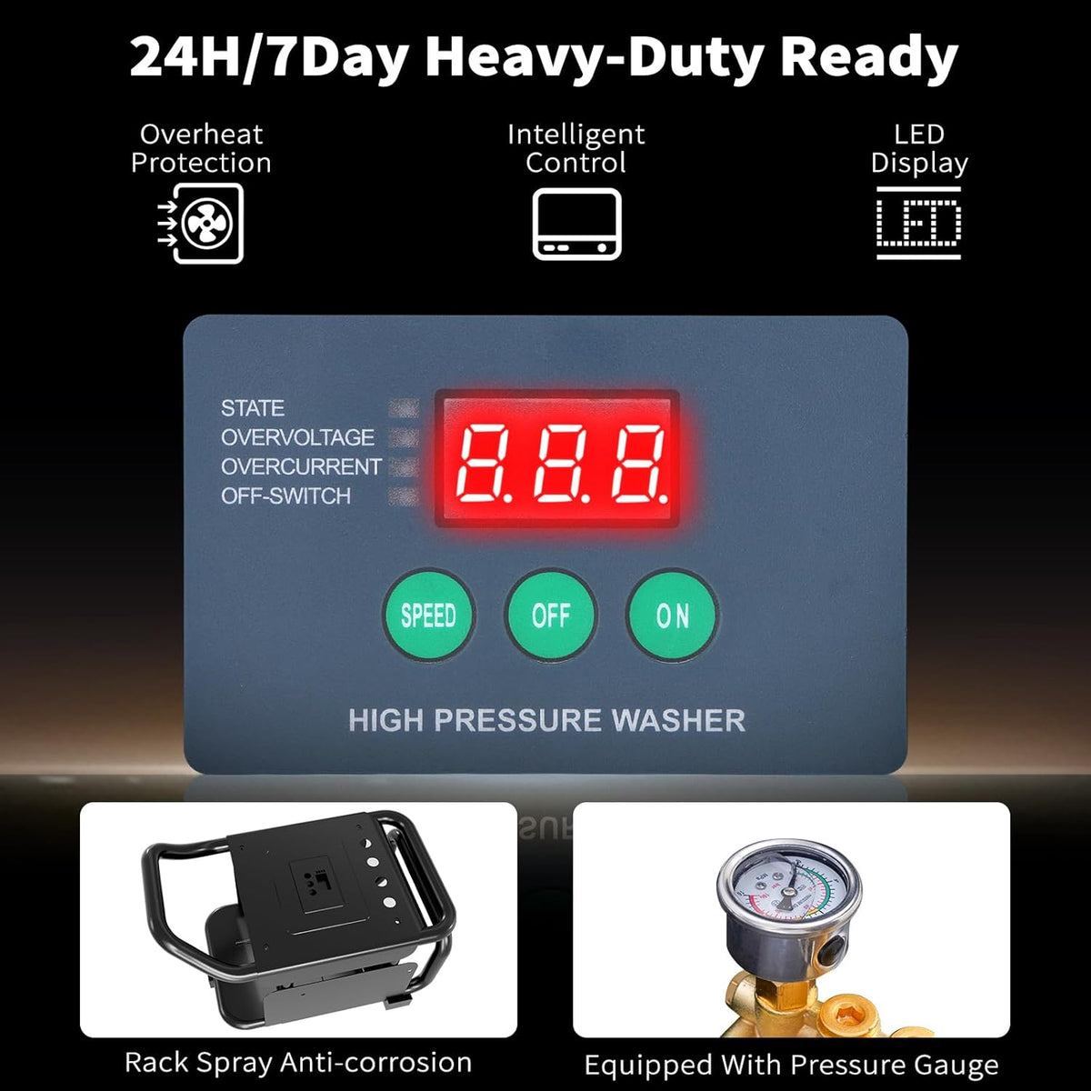 Commercial Electric Pressure Washer, 100bar 2.3GPM, 3HP PM Inverter Motor, 7 Nozzles