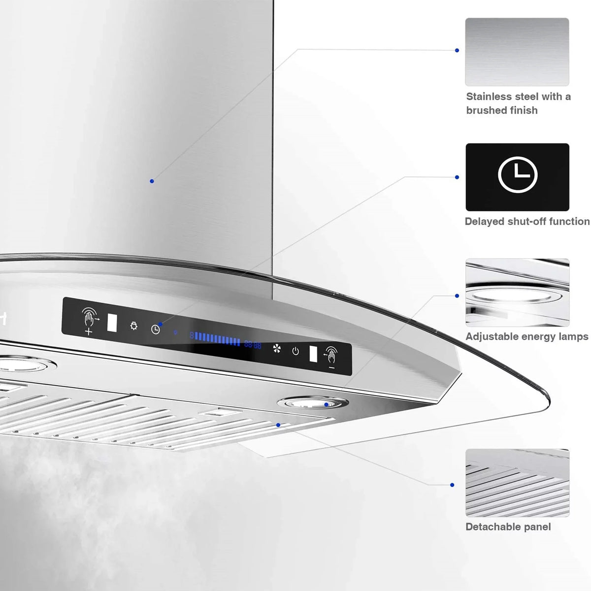 IKTCH Wall Mount Range Hood 30 Inch Tempered Glass Stainless Steel, 900 CFM - IKP03-30