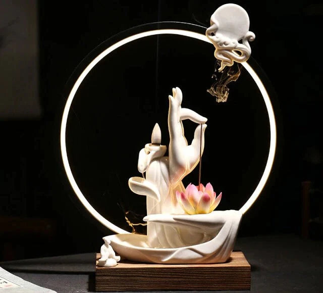 Ceramic Feng Shui Backflow Incense Burner With LED Light Ring