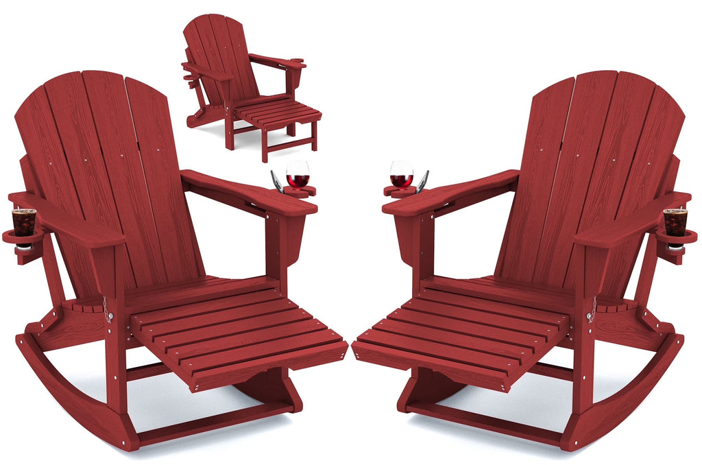 KINGYES Folding Adirondack Rocker Chair Set Of 2 With Footrest And Dual Cup Holders - Black