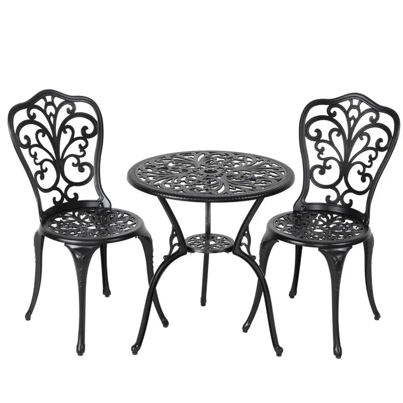 Nuu Garden 3-Piece Black Cast Aluminum Bistro Patio Set - 24 Inch Round Table
