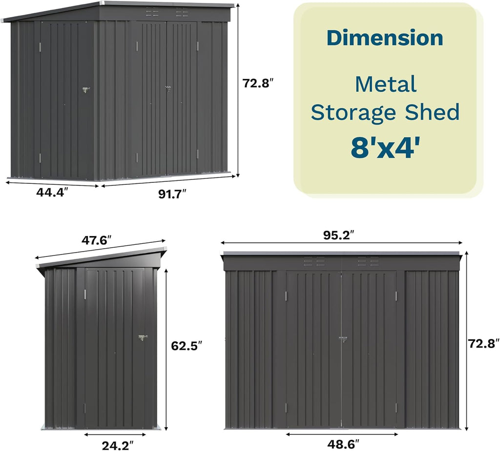 Patiowell Outdoor Metal Storage Shed, 8x4 FT, Black, 3 Lockable Doors