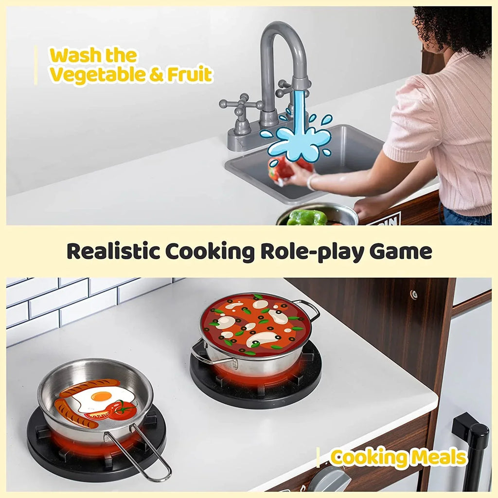 BRINJOY Corner Wooden Kids Play Kitchen With Faucet, Sink, Microwave, Oven, Apron, Blackboard, Sound And Light