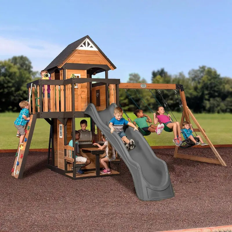 Canyon Creek Cedar Swing Set With 8-Foot Wave Slide - 183 x 188 x 119 Inches