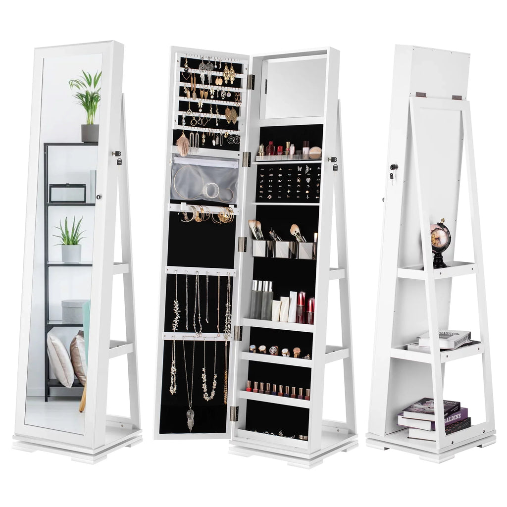 Dextrus 360 Degree Swivel Lockable Jewelry Cabinet With Full-Length Mirror And Rear Storage Shelves - White