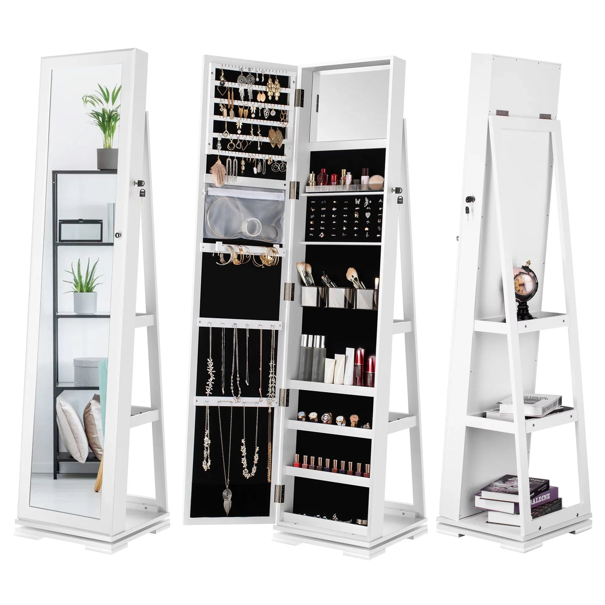 Dextrus 360 Degree Swivel Lockable Jewelry Cabinet With Full-Length Mirror And Rear Storage Shelves - White