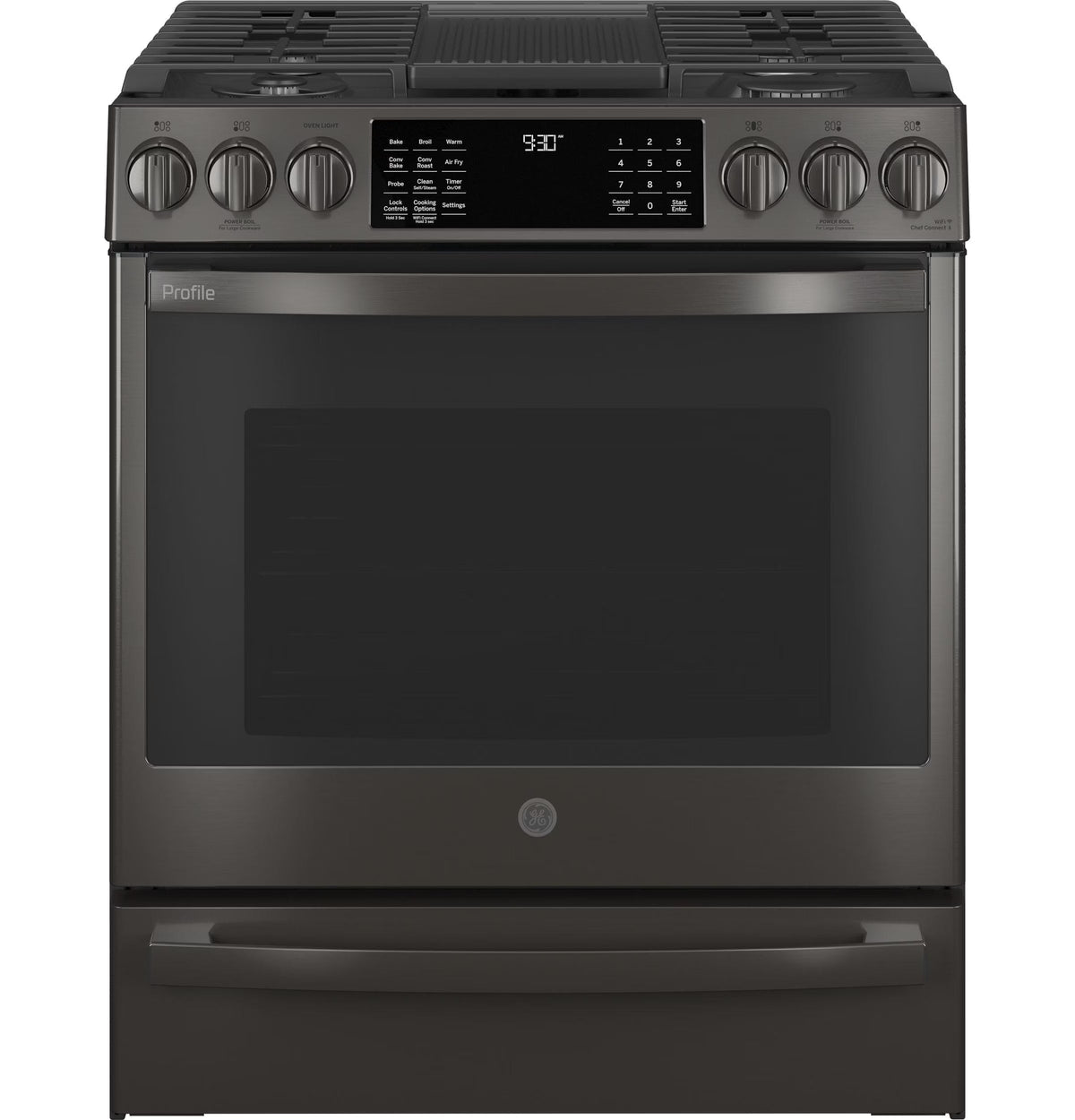 GE APPLIANCES Profile 30in Smart Slide-In Front-Control Gas Range, Black Stainless - PGS930BPTS