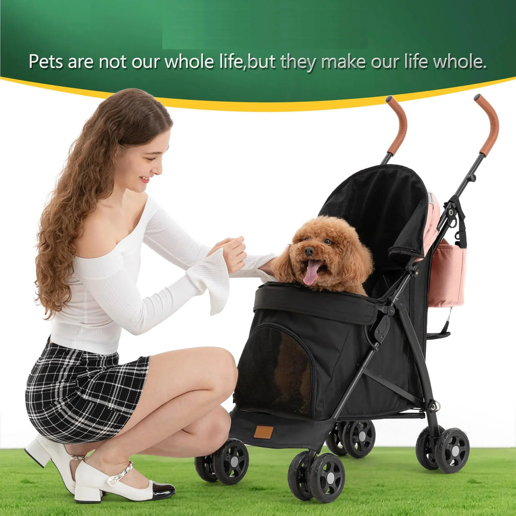 3 In 1 Folding Pet Stroller With Storage Basket And Cup Holder, Pink