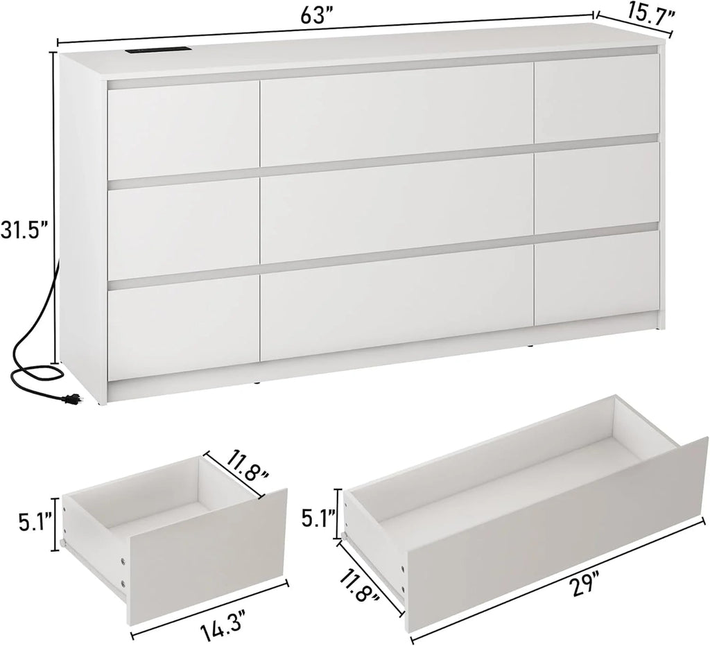 ChVans 9-Drawer Dresser With Charging Station, Black, 63in x 15.7in x 31.5in