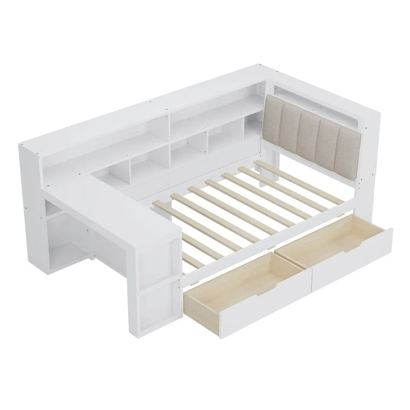 Ivery Furniture L-Shaped Wooden Twin/Full Daybed With Desk, Bookcase, Drawers And RGB Light - Natural/White