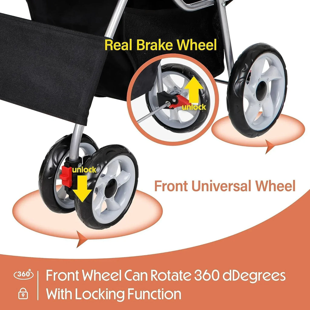 Foldable Cat/Dog Pet Stroller With 4 Wheel, Storage Basket, Cup Holder - Black