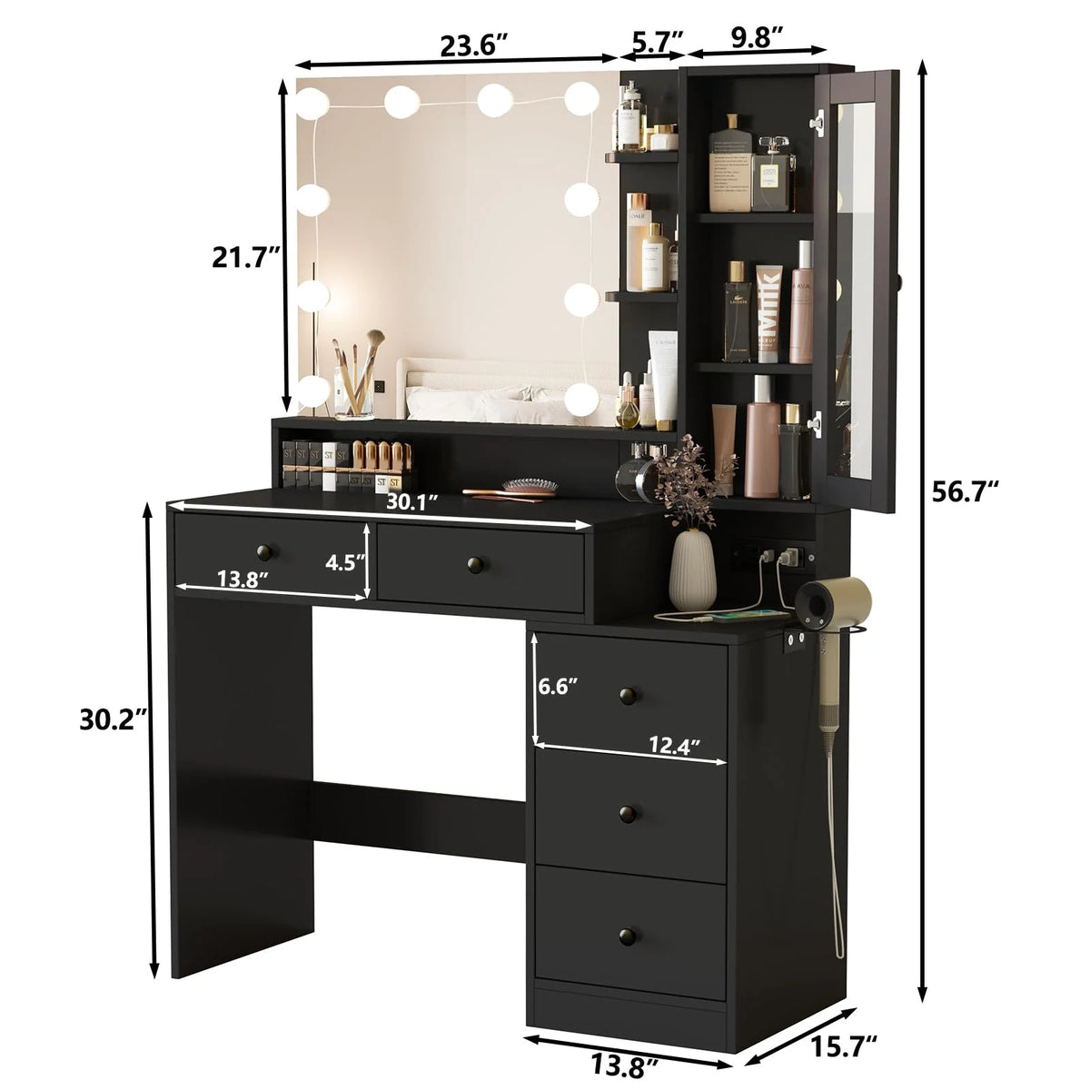 VEANERWOOD Makeup Vanity Desk With Lighted Mirror, Power Strip, 5 Drawers, White - 39.4in x 15.7in x 56.7in