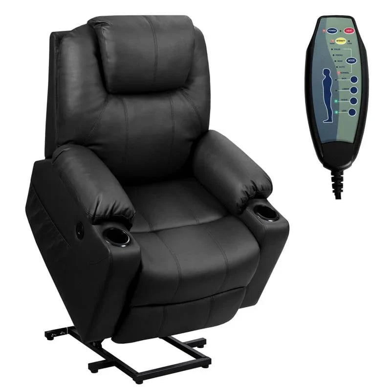 Electric Power Lift Recliner Chair With Leather Massage, Lumbar Heating, 8 Vibrating Nodes, Cup Holders And USB Port