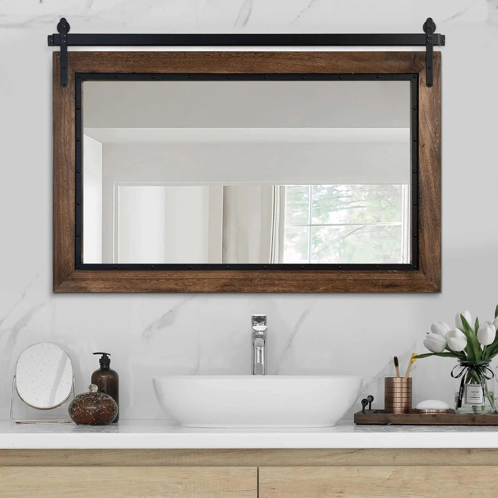 COSMOGO Farmhouse Barn Door Style Natural Wood Bathroom Vanity Wall Mirror 24 x 32 in