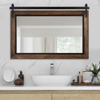 COSMOGO Farmhouse Barn Door Style Natural Wood Bathroom Vanity Wall Mirror 24 x 32 in
