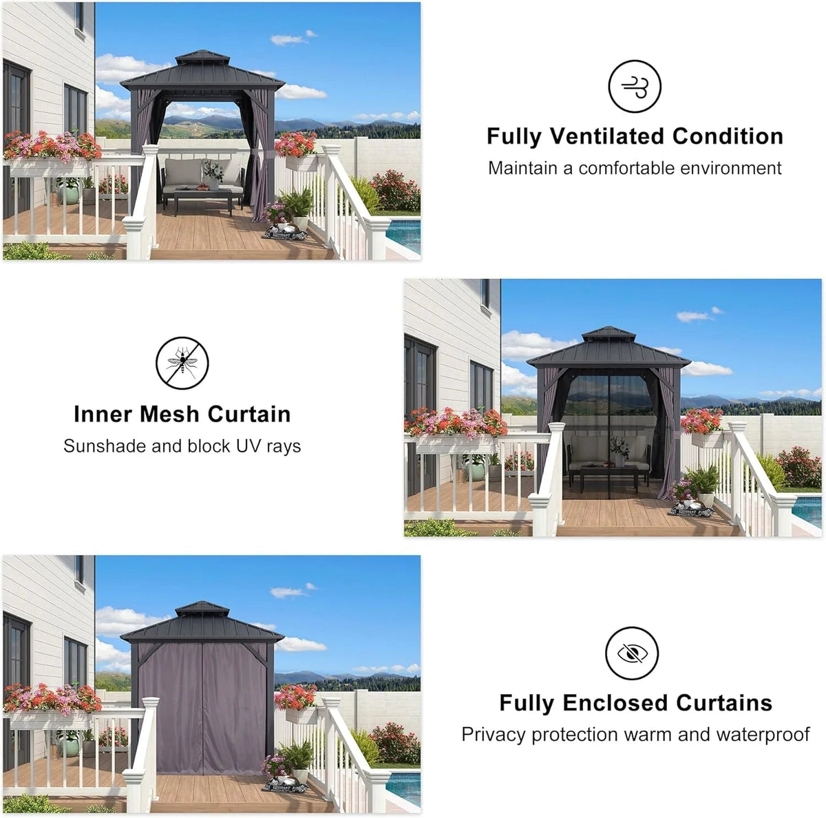 PURPLE LEAF Outdoor Hardtop Gazebo, 8' X 8', Galvanized Steel Double Roof, Aluminum Frame, Grey