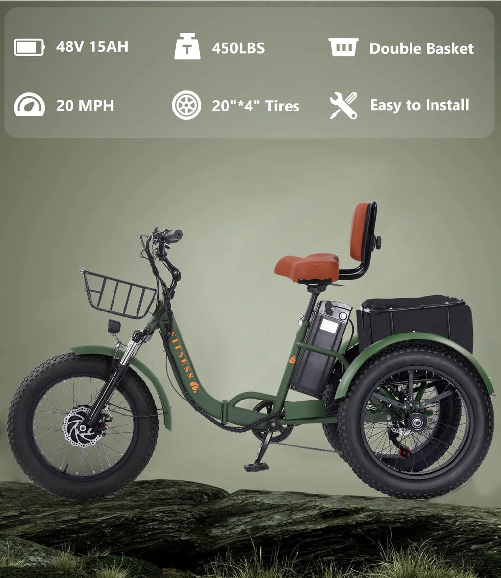 YEBEI Folding Electric Tricycle for Adults, 500W Motor, 48V15AH Lithium Battery, 20 x 4.0 in Fat Tires