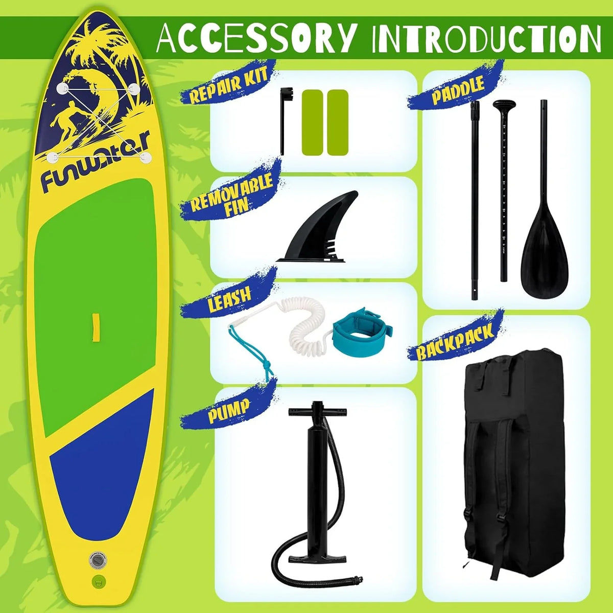 FunWater Inflatable Stand Up Paddle Board, 11 ft x 32 in x 6 in - SUP Paddle Accessories
