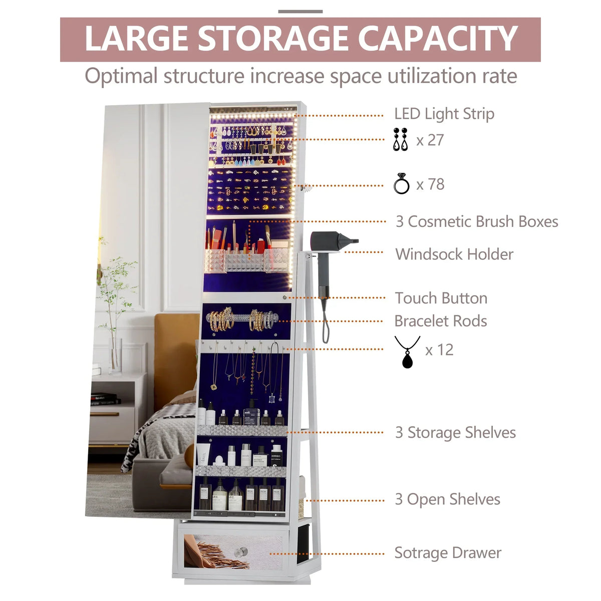 LVSOMT 360 Swivel Jewelry Cabinet With Lights, 53.5 x 14.5 in Full-Length Mirror, White