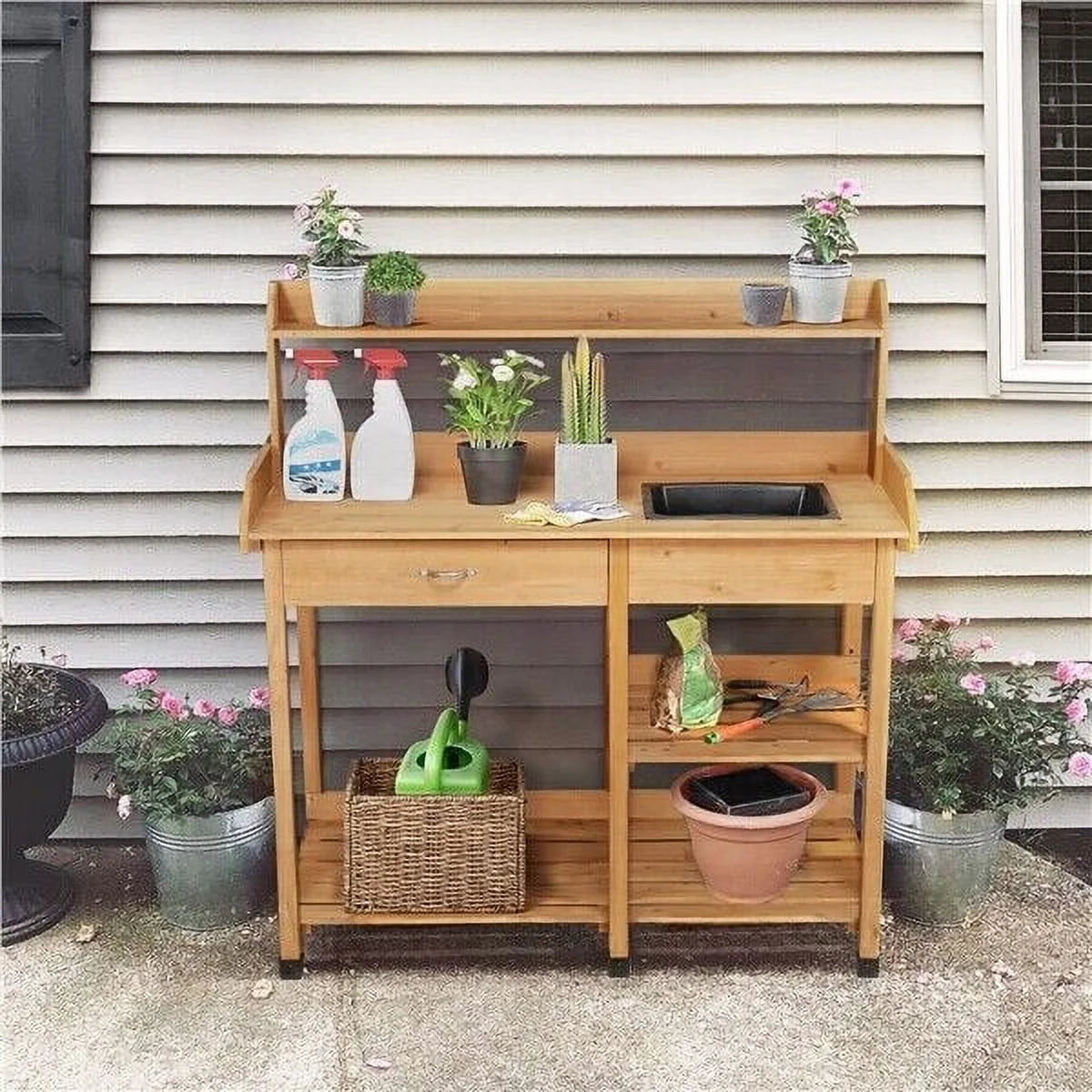 Veado Potting Bench With Sink, Drawer, Rack And Shelves, 45.2 x 17.7 x 47.6 in - Natural Wood