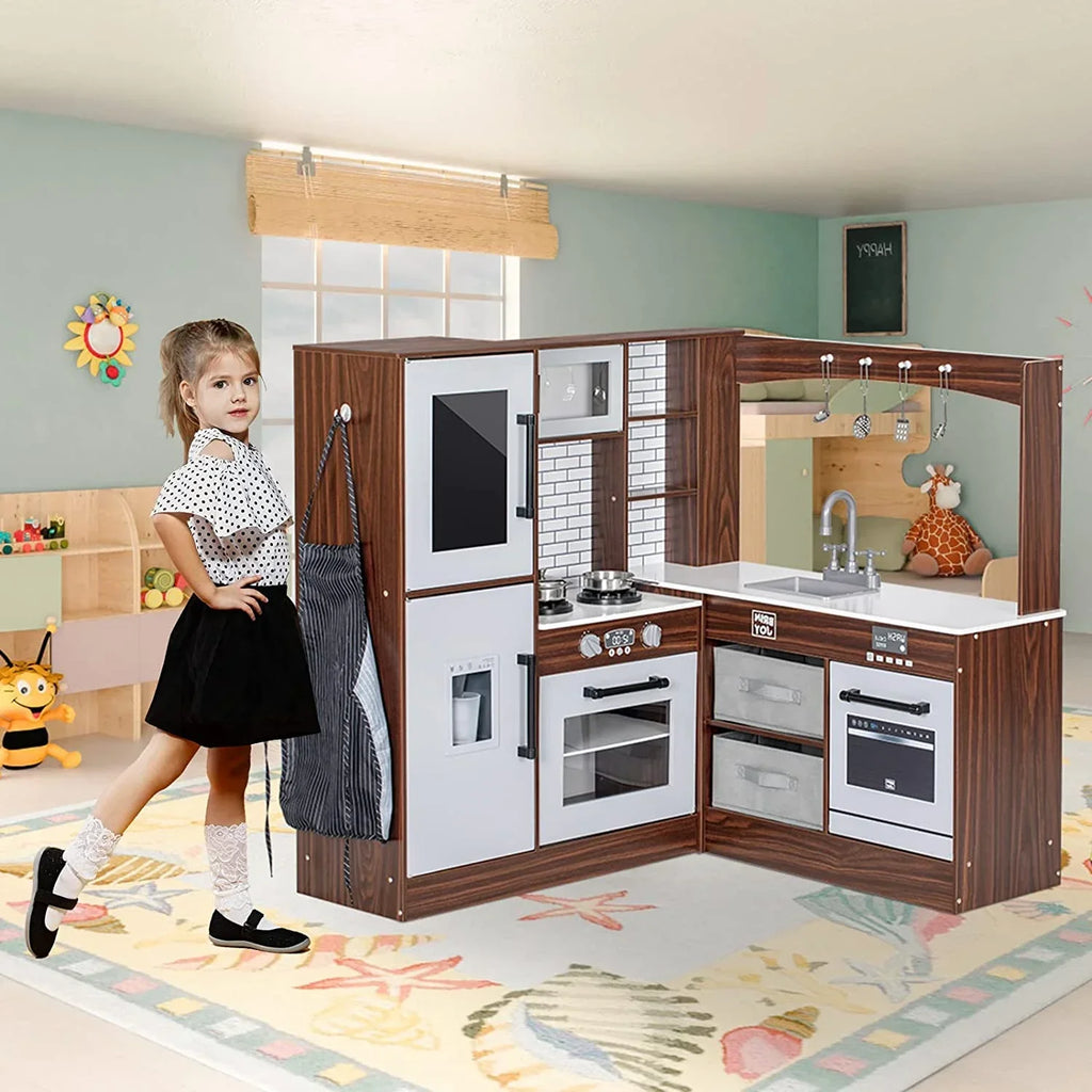 BRINJOY Corner Wooden Kids Play Kitchen With Faucet, Sink, Microwave, Oven, Apron, Blackboard, Sound And Light