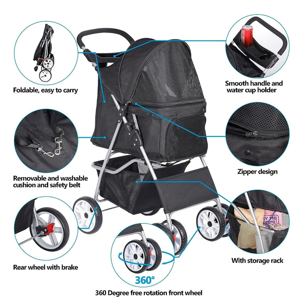 Foldable Cat/Dog Pet Stroller With 4 Wheel, Storage Basket, Cup Holder - Black
