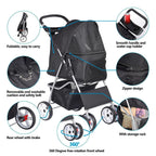 Foldable Cat/Dog Pet Stroller With 4 Wheel, Storage Basket, Cup Holder - Black