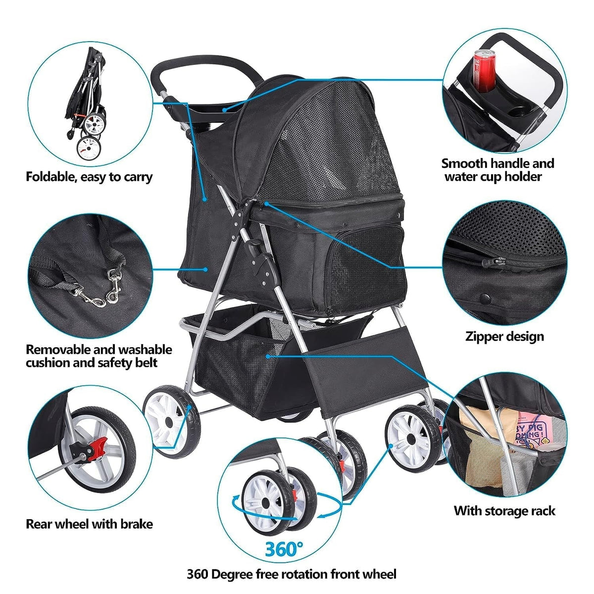 Foldable Cat/Dog Pet Stroller With 4 Wheel, Storage Basket, Cup Holder - Black