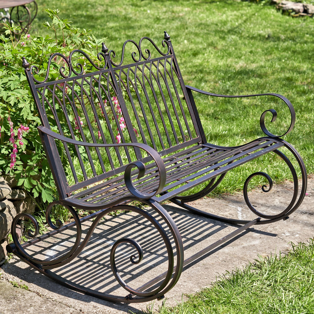 Metal Outdoor Rocking Bench, Bronze, 45 in L x 36 in W x 36 in H