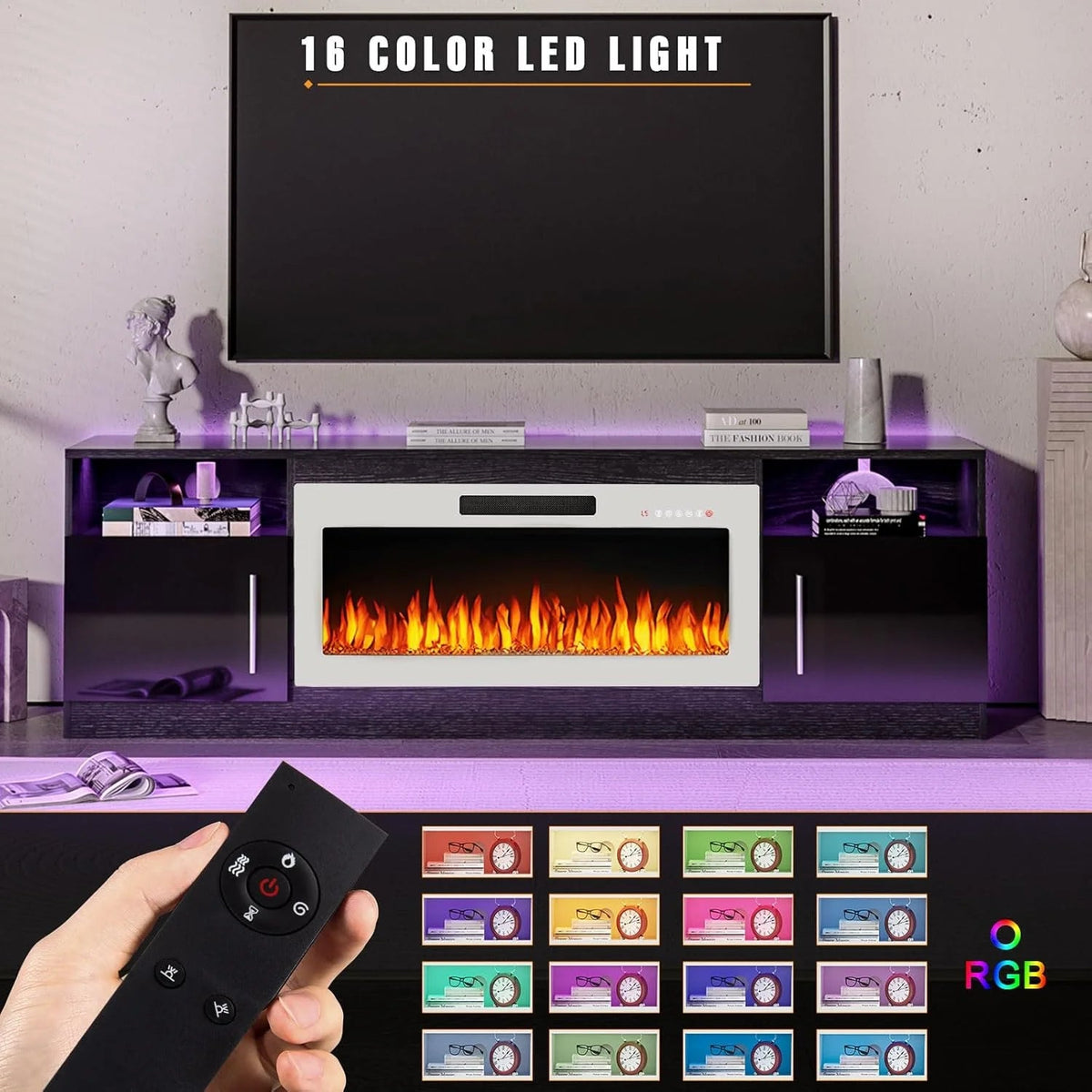 Waleaf TV Stand With 18 in Electric Fireplace And Adjustable Glass Shelves - TVs Up To 65 inch