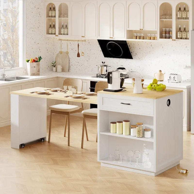 82.7 Wooden Kitchen Island With Extendable Dining Table And Double-Sized Storage