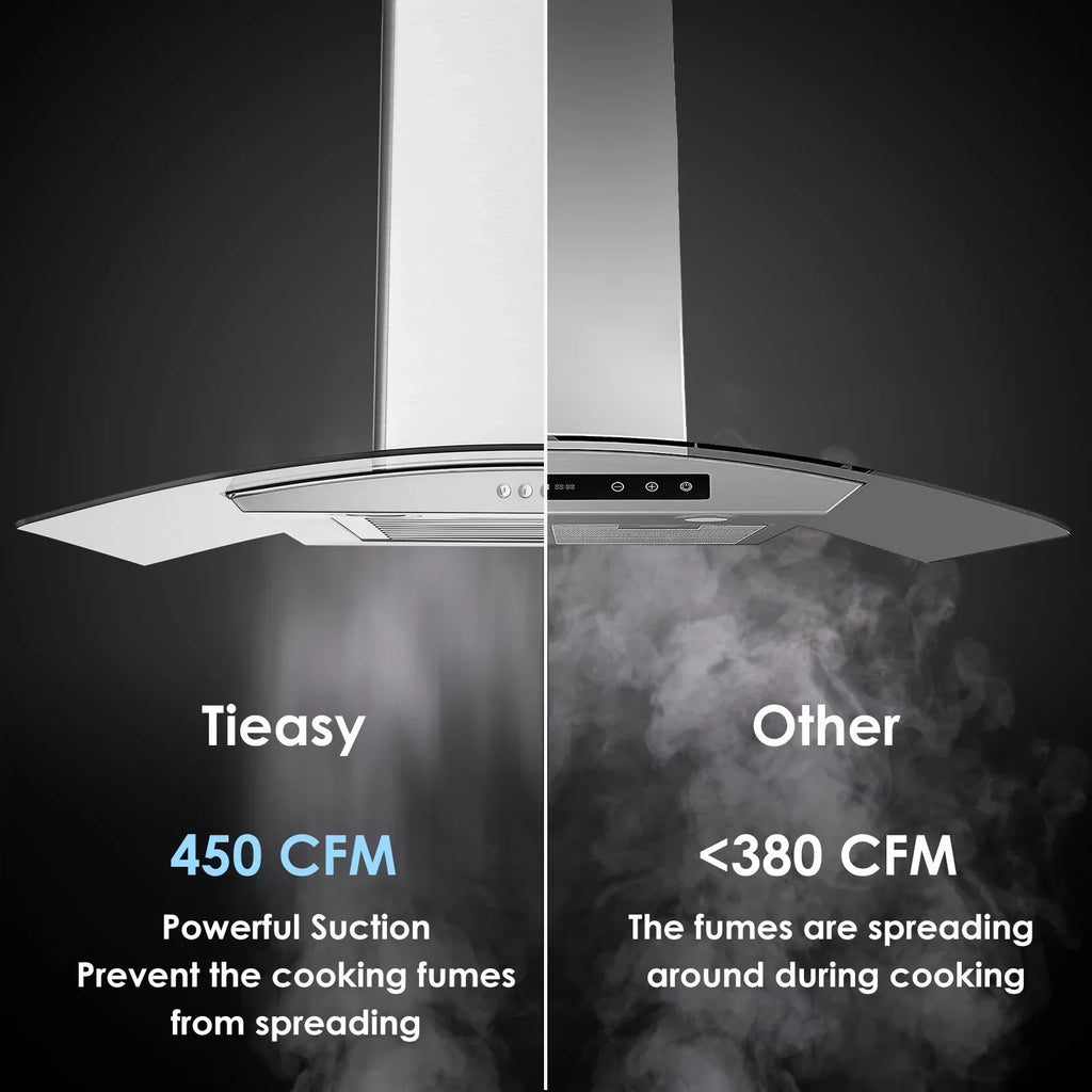 Wall Mount Range Hood 30 inch Convertible Tempered Glass 3-Speed 450 CFM - 3375B