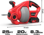 POPULO 20V Cordless Electric Drain Auger, 25 Ft Auto-Feed, 2.0Ah Battery, 3/4 in-2 in Pipes