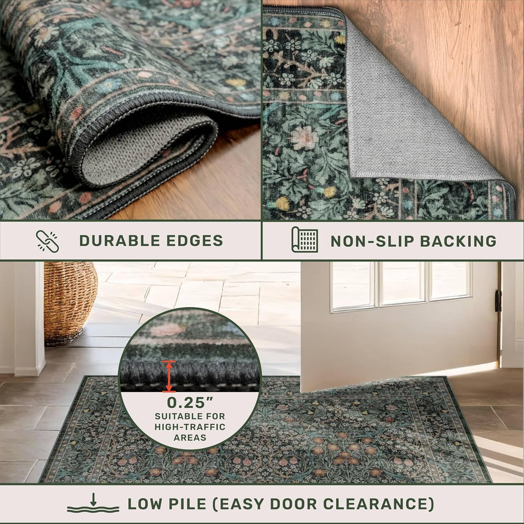 Vintage Floral Washable Area Rug, 10x14, Dark Green