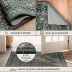 Vintage Floral Washable Area Rug, 10x14, Dark Green