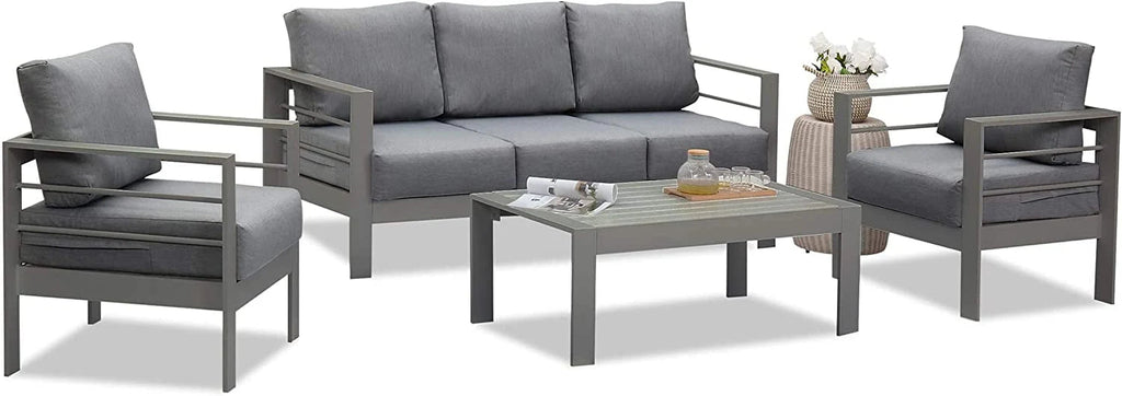 Superjoe Outdoor Patio Sofa 3 Seats Gray Aluminum With Dark Grey Cushions