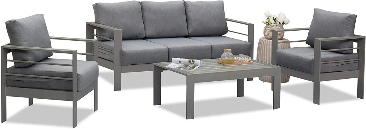 Superjoe Outdoor Patio Sofa 3 Seats Gray Aluminum With Dark Grey Cushions