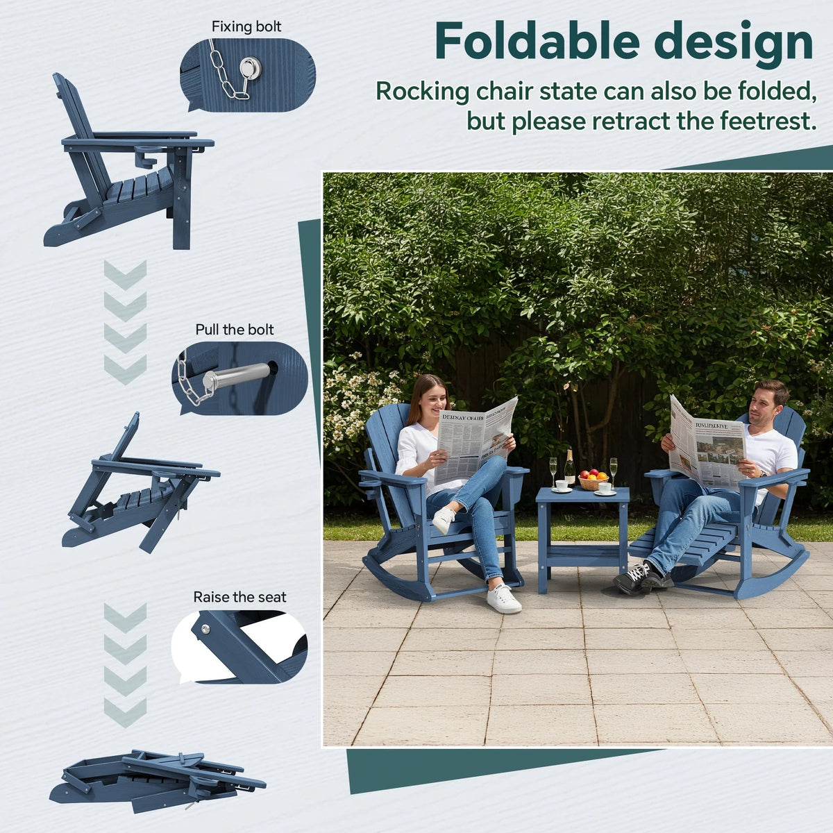 KINGYES Folding Adirondack Rocker Chair Set Of 2 With Footrest And Dual Cup Holders - Black