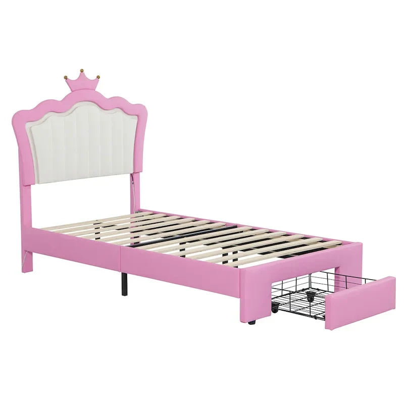 Twin Upholstered Bed Frame With LED Lights, Crown Headboard, Drawer, Pink+White - 76.8L x 44.1W x 51H