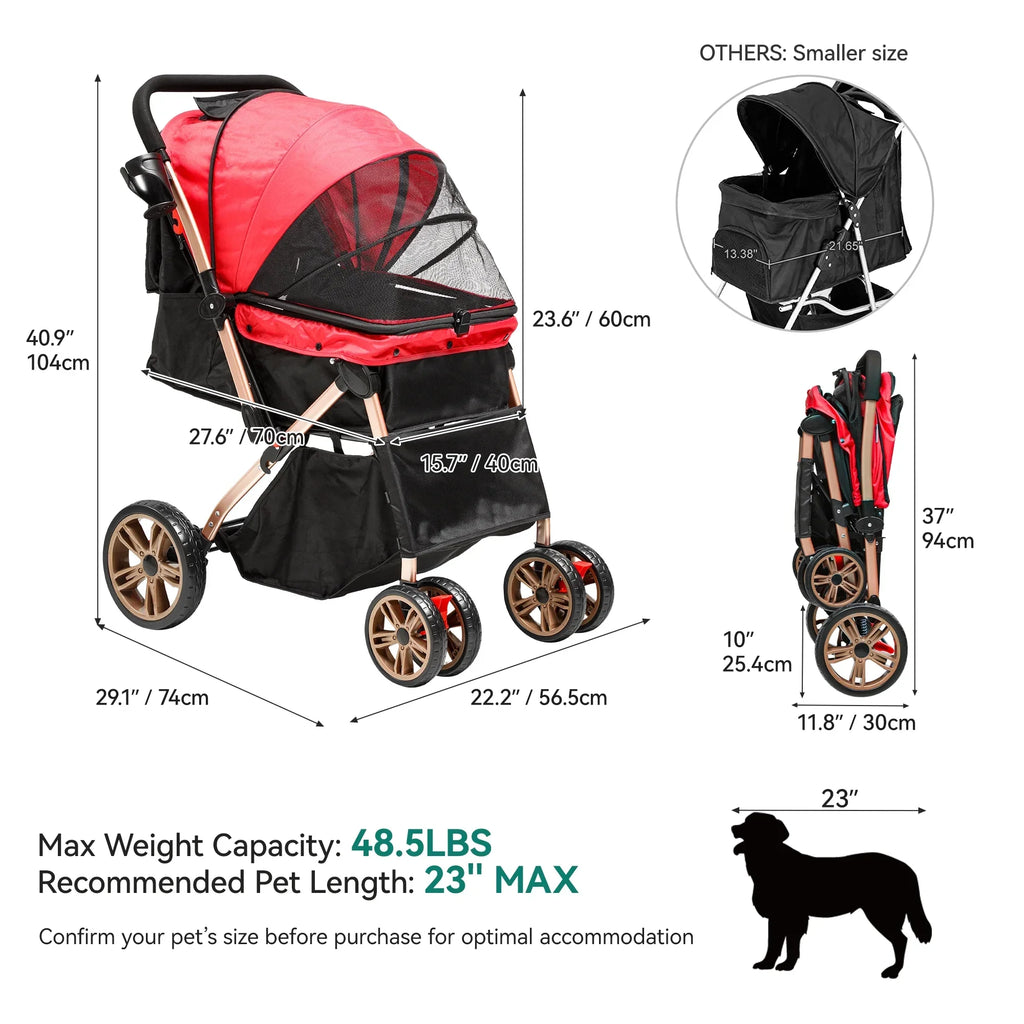 Dextrus 4-Wheel Foldable Pet Stroller With 7-inch Front And 10-inch Rear Wheels, 48.5 lbs Capacity
