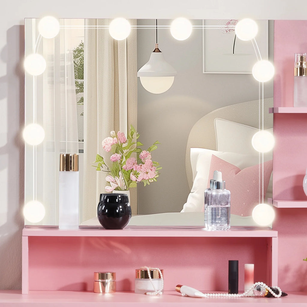 Ktaxon Vanity Makeup Table With Stool, 3-Color Lighted Mirror, 3 Shelves, Drawers, White - 35.43 x 15.55 x 29.53-53.27 in