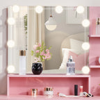 Ktaxon Vanity Makeup Table With Stool, 3-Color Lighted Mirror, 3 Shelves, Drawers, White - 35.43 x 15.55 x 29.53-53.27 in