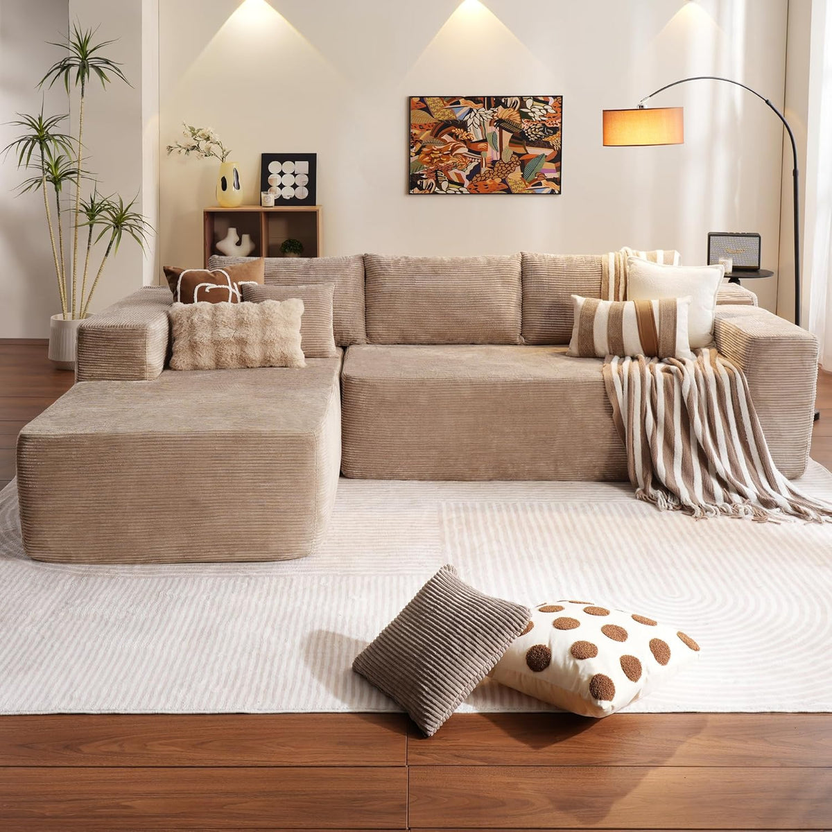 ovios 104in L-Shape Sectional Sofa With Chaise, Grey Plush Corduroy Fabric