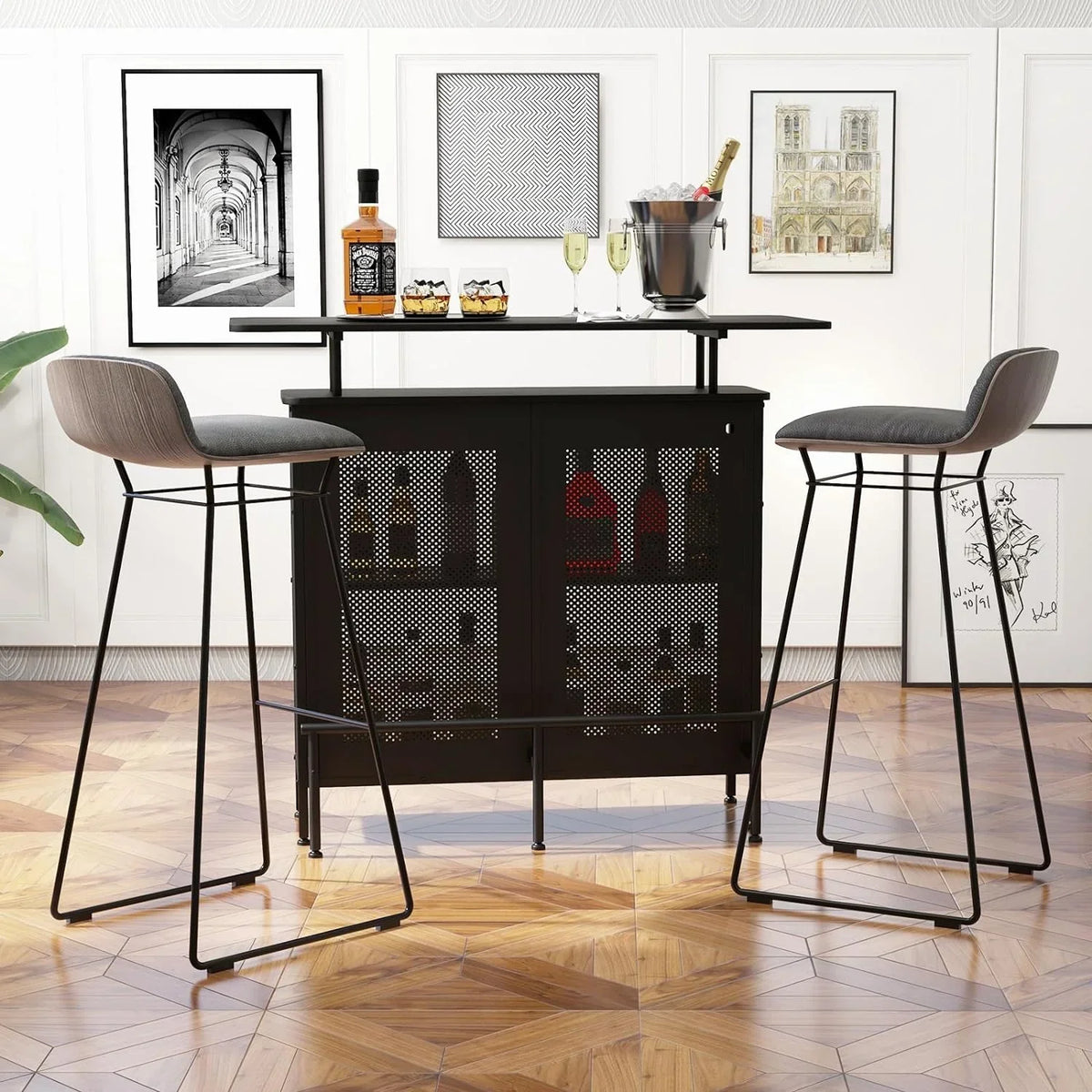 FJU 4-Tier Home Bar Cabinet With 2 Wine Storage Shelves, 6 Stemware Holders, Metal Front And Footrest, Black - 48 x 20 x 42 in