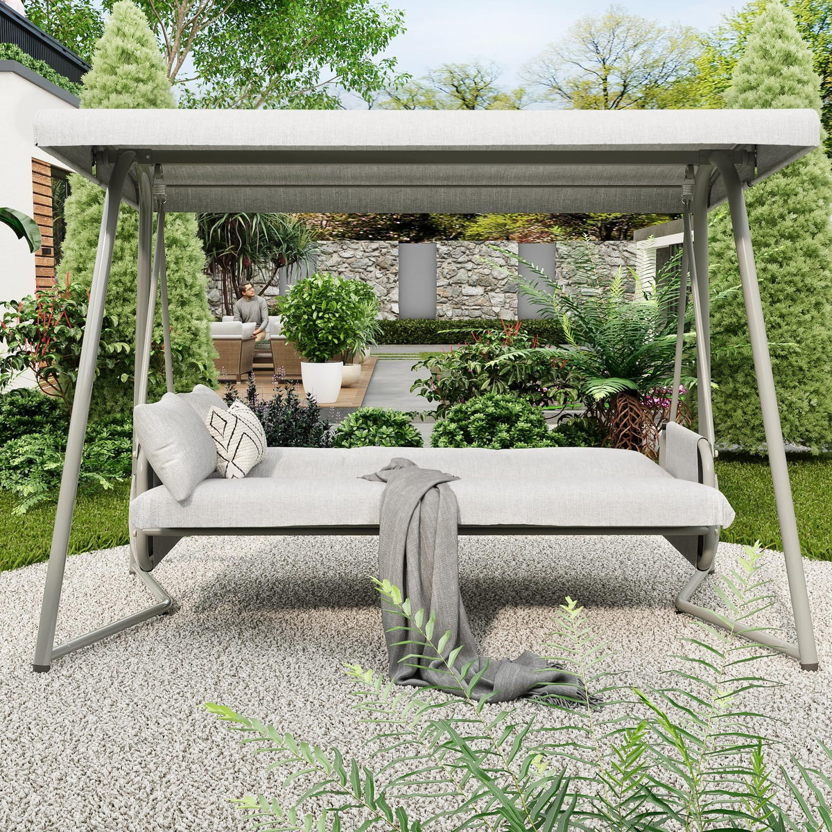 TQKVIPI 4 Person Outdoor Porch Swing Bed With Adjustable Backrest Canopy - 800 lbs Capacity